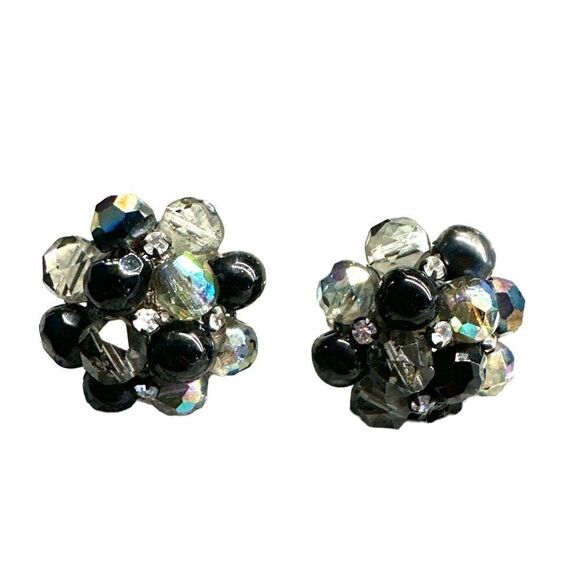 Large Vintage AB black crystal rhinestone cluster clip earrings by Vogue - Picture 7 of 15